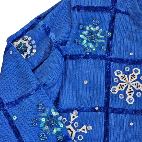 Size 3X Winter Snowflake Blue Sweater Cardigan Beaded Sequins Checkered Knit VTG - Picture 3 of 14